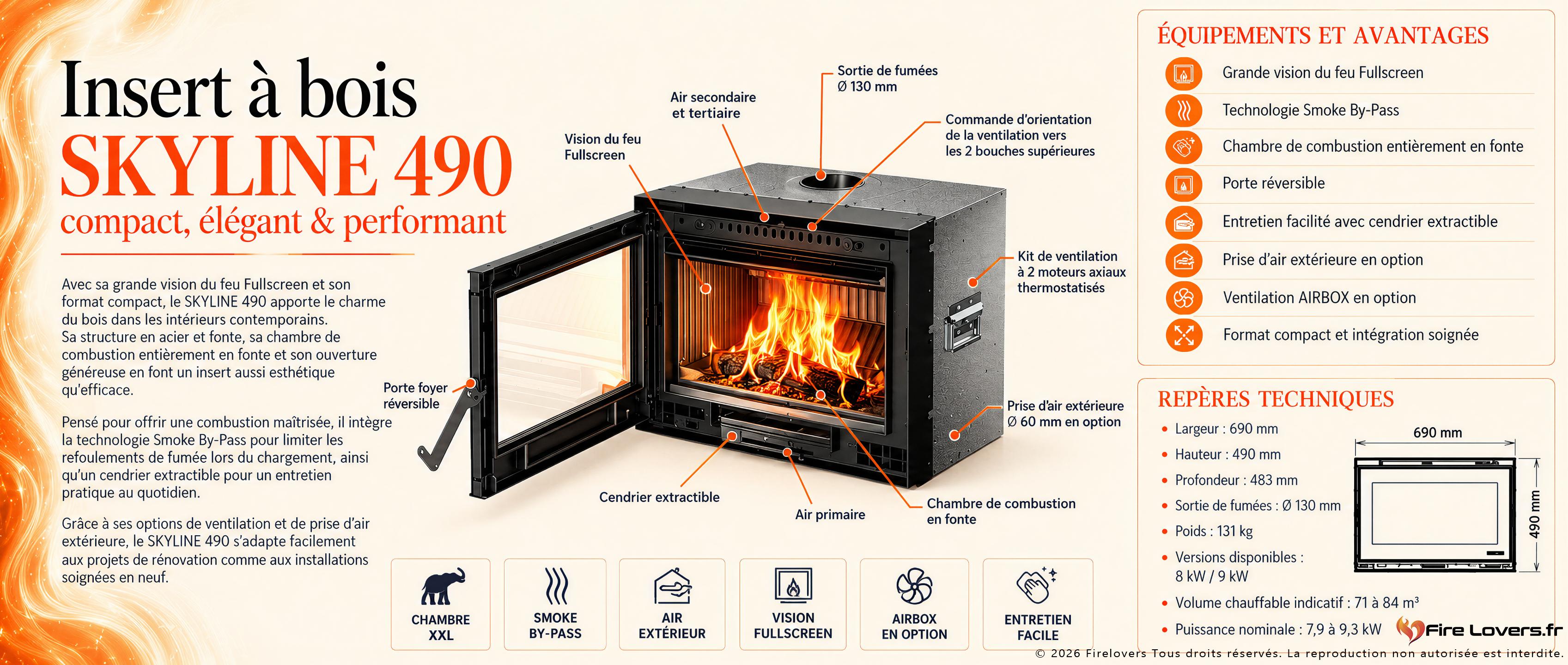 Insert à bois Thermorossi Skyline 490 noir mat installé dans une cheminée